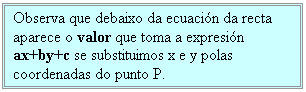 Cuadro de texto: Observa que debaixo da ecuación da recta aparece o valor que toma a expresión ax+by+c se substituimos x e y polas coordenadas do punto P.