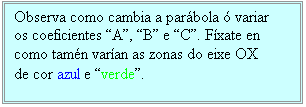 Cuadro de texto: Observa como cambia a parábola ó variar os coeficientes A, B e C. Fíxate en como tamén varían as zonas do eixe OX de cor azul e verde.