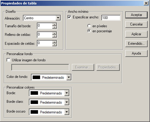 Propiedades de tabla