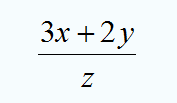 Valor numérico de (3x+2y)/z para x=2, y=-1 y z=4.