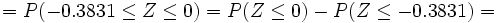 =  P(-0.3831 \le Z \le 0)= P(Z \le 0) - P(Z \le -0.3831)=