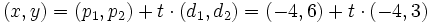 (x,y)=(p_1,p_2)+t \cdot (d_1,d_2)=(-4,6)+ t \cdot (-4,3)