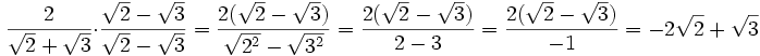 \frac{{2}}{\sqrt{2}+\sqrt{3}} \cdot \frac{{{\sqrt{2}-\sqrt{3}}}}{\sqrt{2}-\sqrt{3}} = \frac{{2({\sqrt{2}-\sqrt{3}}) }}{\sqrt{2^2}-\sqrt{3^2}} = \frac{{2({\sqrt{2}-\sqrt{3}}) }}{{2}-{3}} = \frac{{2({\sqrt{2}-\sqrt{3}}) }}{{-1}} = {-2\sqrt{2}+\sqrt{3}}