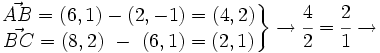 \left.\begin{matrix} \vec{AB}=(6,1)-(2,-1)=(4,2) \\  \vec{BC}=(8,2)~-~(6,1)=(2,1) \end{matrix}\right\} \rightarrow \cfrac{4}{2} =\cfrac{2}{1} \rightarrow