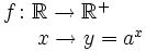 \begin{matrix} f \colon \mathbb{R}  \rightarrow  \mathbb{R}^+  \\ \, \qquad \quad x  \rightarrow  y=a^x \end{matrix}