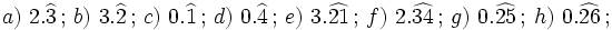 a) \ 2.\widehat{3} \, ; \, b) \ 3.\widehat{2} \, ; \, c) \ 0.\widehat{1} \, ; \, d) \ 0.\widehat{4} \, ; \, e) \ 3.\widehat{21} \, ; \, f)  \ 2.\widehat{34} \, ; \, g) \ 0.\widehat{25} \, ; \,  h) \ 0.\widehat{26} \, ; \,