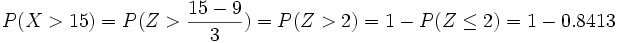 P(X > 15)= P(Z >  \frac{15-9} {3} )= P(Z > 2)=1-P(Z \le 2)= 1-0.8413