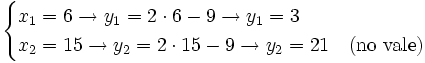 \begin{cases} x_1=6 \rightarrow y_1=2 \cdot 6 -9 \rightarrow y_1 = 3 \\ x_2=15 \rightarrow y_2= 2 \cdot 15 -9 \rightarrow y_2 = 21 \quad \mbox{(no vale)} \end{cases}