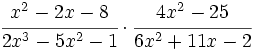 \cfrac {x^2-2x-8}{2x^3-5x^2-1} \cdot \cfrac {4x^2-25}{6x^2+11x-2}