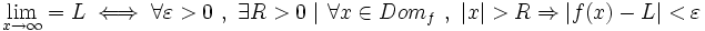 \lim_{x \to \infty}=L \iff \forall \varepsilon>0 \ , \ \exists R>0 \ | \ \forall x \in Dom_f \ , \  |x|>R \Rightarrow |f(x)-L|<\varepsilon