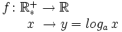 \begin{matrix} f \colon \mathbb{R}{}_*^+  \rightarrow  \mathbb{R} \quad  \\ \, \qquad \qquad \  x \  \rightarrow   y=log_a \, x \end{matrix}
