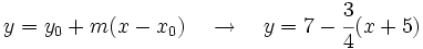 y=y_0+m(x-x_0) \quad \rightarrow \quad y=7-\cfrac{3}{4}(x+5)
