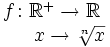 \begin{matrix} f \colon \mathbb{R}^+  \rightarrow \mathbb{R}  \\ \, \quad \ \ x  \rightarrow \sqrt[n]{x} \end{matrix}
