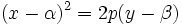 (x-\alpha)^2=2p(y-\beta)\,