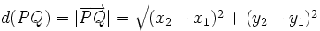 d(PQ)=|\overrightarrow{PQ}|=\sqrt{(x_2-x_1)^2+(y_2-y_1)^2}