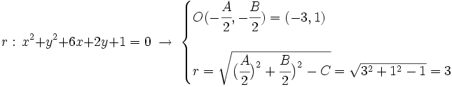r: \, x^2+y^2+6x+2y+1=0\; \rightarrow \; \begin{cases} O(-\cfrac{A}{2},-\cfrac{B}{2})=(-3,1) \\ \\ r=\sqrt{\big( \cfrac{A}{2} \big)^2+\cfrac{B}{2} \big)^2-C}=\sqrt{3^2+1^2-1}=3 \end{cases}