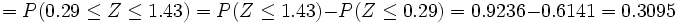 =P(0.29 \le Z \le 1.43)= P(Z \le 1.43)-P(Z \le 0.29)=0.9236-0.6141=0.3095