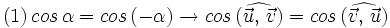 (1) \, cos \, \alpha=cos \, (-\alpha) \rightarrow cos \, (\widehat{\vec{u}, \,  \vec{v}})=cos \, (\widehat{\vec{v}, \,  \vec{u}})