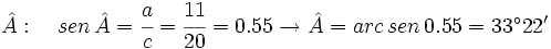 \hat A: \quad sen \, \hat A= \cfrac{a}{c}= \cfrac{11}{20}=0.55 \rightarrow \hat A=arc\,sen\,0.55=33^\circ 22'