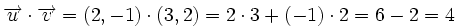 \overrightarrow{u} \cdot \overrightarrow{v}=(2,-1) \cdot (3,2)=2 \cdot 3 + (-1) \cdot 2=6-2=4