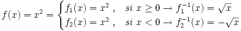 f(x)=x^2=  \begin{cases} f_1(x)=x^2 \ , & si \ x \ge 0 \rightarrow f_1^{-1}(x)=\sqrt{x} \\  f_2(x)=x^2 \ , & si \ x < 0 \rightarrow f_2^{-1}(x)=-\sqrt{x} \end{cases}