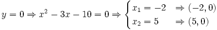 y=0 \Rightarrow x^2-3x-10=0 \Rightarrow \begin{cases} x_1=-2 & \Rightarrow (-2,0) \\ x_2=5  & \Rightarrow (5,0) \end{cases}