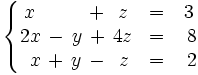\left\{ \begin{matrix}     x \, \, \qquad \, + \, ~z & = & 3     \\     2x \, - \, y \, + \, 4z & = & ~8     \\     ~x \, + \, y \, - \, ~z & = & ~2   \end{matrix} \right.