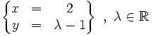 \left\{   \begin{matrix}     x & = & 2     \\     y & = & \lambda-1   \end{matrix} \right\}   \ , \ \lambda \in \mathbb{R}