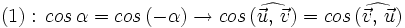 (1): \, cos \, \alpha=cos \, (-\alpha) \rightarrow cos \, (\widehat{\vec{u}, \,  \vec{v}})=cos \, (\widehat{\vec{v}, \,  \vec{u}})