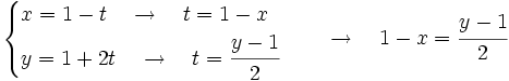 \begin{cases} x=1-t \quad \rightarrow \quad t=1-x \\ y=1+2t \quad \rightarrow \quad t=\cfrac{y-1}{2} \end{cases} \quad \rightarrow \quad 1-x=\cfrac{y-1}{2}