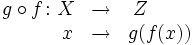 \begin{matrix} g \circ f \colon X & \rightarrow & Z  \qquad \\ \qquad \quad x & \rightarrow &  g(f(x)) \end{matrix}