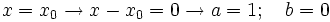 x=x_0  \rightarrow x-x_0=0  \rightarrow a=1 ; \quad b=0