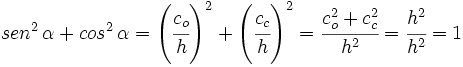 sen^2 \, \alpha + cos^2 \, \alpha = \left ( \cfrac{c_o}{h} \right )^2 + \left ( \cfrac{c_c}{h} \right )^2 =\cfrac {c_o^2+c_c^2}{h^2}= \cfrac {h^2}{h^2}=1