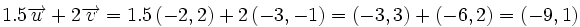 1.5 \overrightarrow{u}+2 \overrightarrow{v}=1.5 \, (-2,2)+  2 \, (-3,-1)=(-3,3)+(-6,2)=(-9,1)