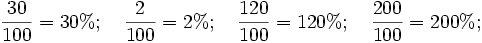 \frac{30}{100}=30%; \quad \frac{2}{100}=2%; \quad \frac{120}{100}=120%;\quad \frac{200}{100}=200%;