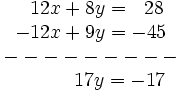 \begin{matrix} ~~12x+8y=~~28 \\ -12x+9y=-45 \\ --------- \\ \quad \qquad 17y=-17 \end{matrix}