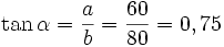 \tan \alpha=\frac{a}{b}=\frac{60}{80}=0,75