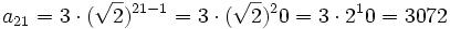 a_{21} = 3 \cdot (\sqrt{2})^{21-1} = 3 \cdot (\sqrt{2})^20 = 3 \cdot 2^10 =3072