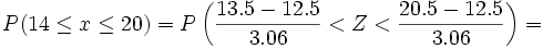 P(14 \le x \le 20)= P \left ( \frac{13.5-12.5} {3.06}< Z < \frac{20.5-12.5} {3.06} \right ) =