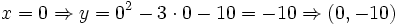 x=0 \Rightarrow y=0^2-3 \cdot 0-10=-10 \Rightarrow (0,-10)