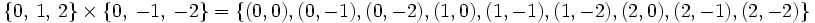 \{ 0,~ 1,~ 2 \}~ \times ~ \{0,~ -1,~ -2 \}=\{(0,0),(0,-1),(0,-2),(1,0),(1,-1),(1,-2),(2,0),(2,-1),(2,-2) \}