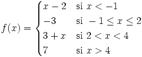 f(x) = \begin{cases} x-2 & \mbox{si }x < -1 \\  -3 & \mbox{si } -1 \le x \le 2 \\  3+x & \mbox{si }2<x<4 \\  7 & \mbox{si }x>4 \end{cases}