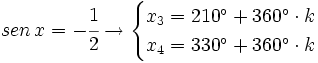 sen \, x = -\cfrac{1}{2} \rightarrow \begin{cases} x_3 =210^\circ + 360^\circ \cdot k \\ x_4 =330^\circ + 360^\circ \cdot k  \end{cases}