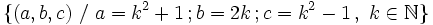\{ (a,b,c) \ / \ a=k^2+1 \, ; b=2k\, ; c=k^2-1  \, , \ k \in \mathbb{N} \}