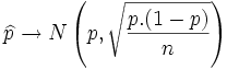 \widehat{p} \rightarrow N \left ( p , \sqrt{ \frac{p.(1-p)} {n}}\right )