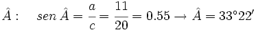\hat A: \quad sen \, \hat A= \cfrac{a}{c}= \cfrac{11}{20}=0.55 \rightarrow \hat A=33^\circ 22'