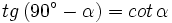 tg \, (90^\circ-\alpha)=cot \, \alpha