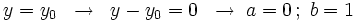 y=y_0  \;\; \rightarrow \;\; y-y_0=0   \;\; \rightarrow \; a=0 \, ; \; b=1