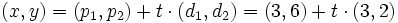 (x,y)=(p_1,p_2)+t \cdot (d_1,d_2)=(3,6)+ t \cdot (3,2)