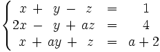 \left\{ \begin{matrix}     ~x \, + \, ~y \, - \, ~z & = & ~1     \\     2x \, - \, ~y \, + \, az & = & ~4     \\     ~x \, + \, ay \, + \, ~z & = & a+2   \end{matrix} \right.